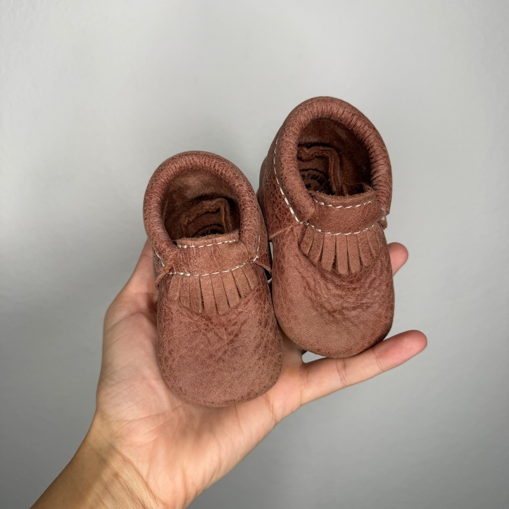 Freshly Picked Brown Clay Leather Fringe Soft Sole Baby Moccasins Size 2